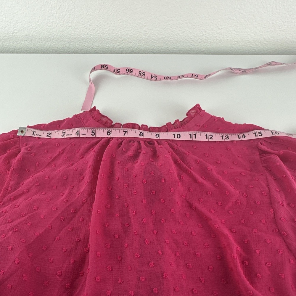 Torrid Chiffon Clip Dot Ruffle Neck Tie Blouse Pink Peacock Swiss Dot Size 1 - Picture 6 of 9